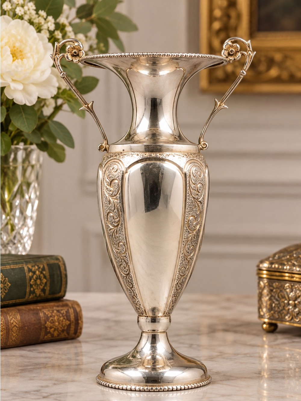 Antique Art Nouveau Fine .925 Silver Vase with Elegant Ornate Handles 1900 1910